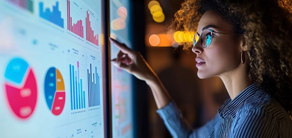 Marketer Explaining Social Media Analytics to Team on Digital Whiteboard
