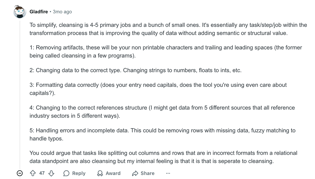 Screenshot of Reddit response on what B2B data cleansing is