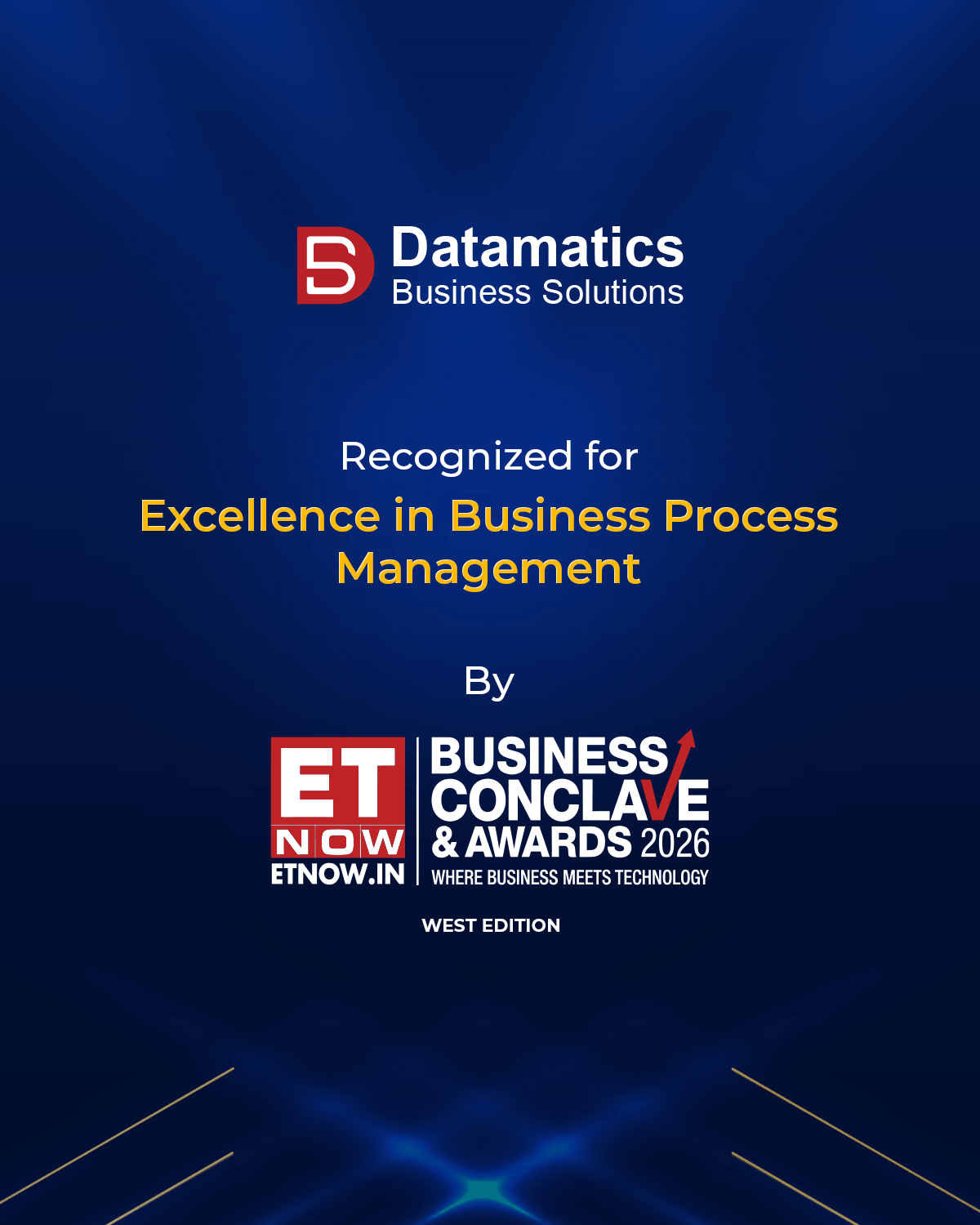 Datamatics Business Solutions recognition banner on a blue gradient background, stating 'Recognized for Excellence in Business Process Management' by ET NOW Business Conclave & Awards 2026, West Edition.
