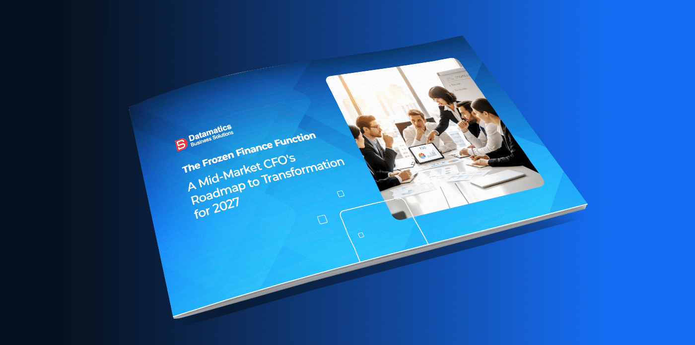 Blue brochure cover for Datamatics Business Solutions titled 'The Frozen Finance Function: A Mid-Market CFO’s Roadmap to Transformation for 2027' with a team photo on the right edge of the page.